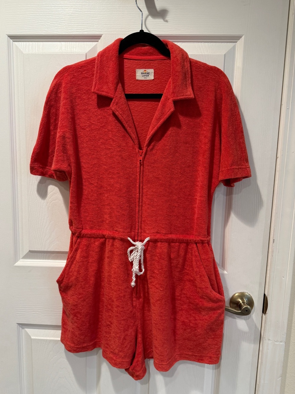 Marine Layer Retro Orange Zip French Terry Romper with Drawstring Waistband